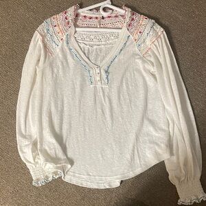Free People Embroidered White Boho Top